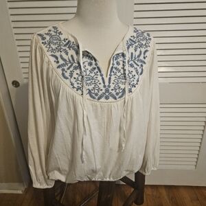 Lucky Brand Embroidered White and Blue Women's Top Size Large New